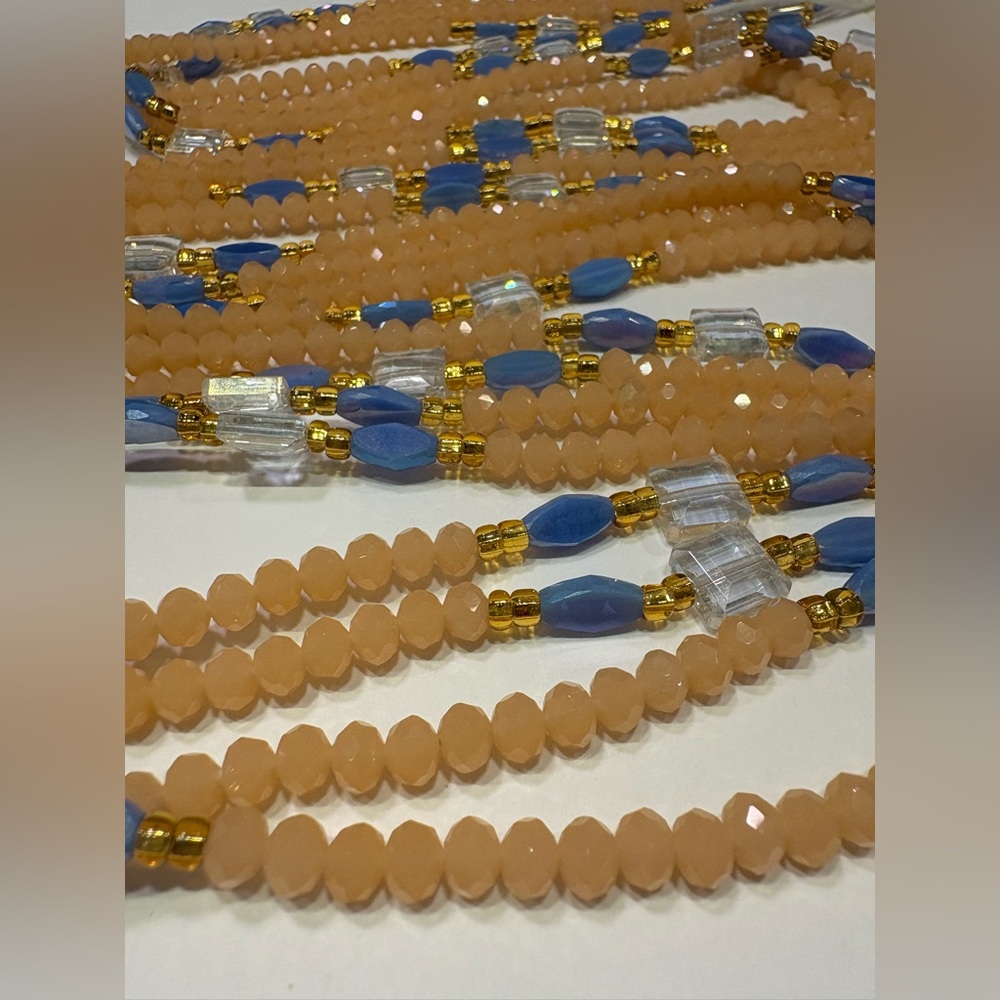 NWT “PEACHEEZZZ” Crystalline Beads w/Clear, Blue & Gold accents up to 50 length - Picture 10 of 16